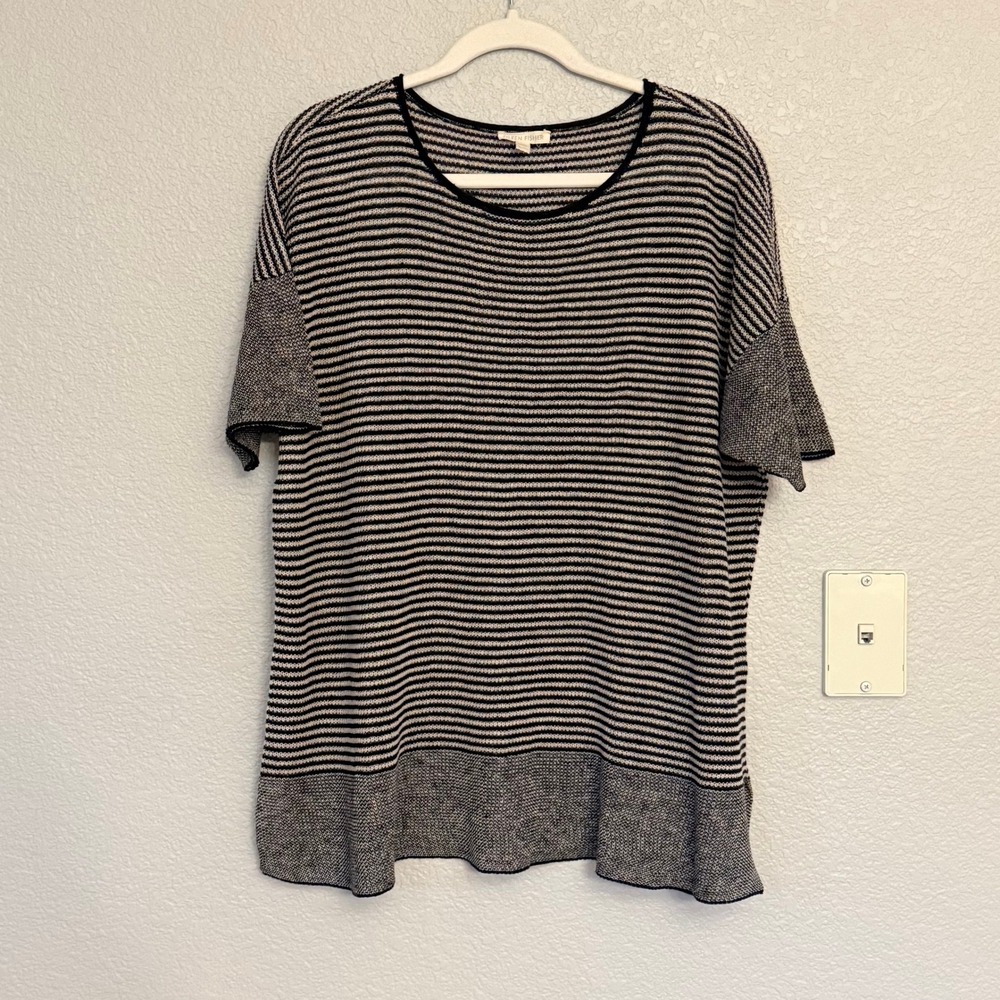 Eileen Fisher Striped Knit Top XL TG Black White Linen Blend Tunic